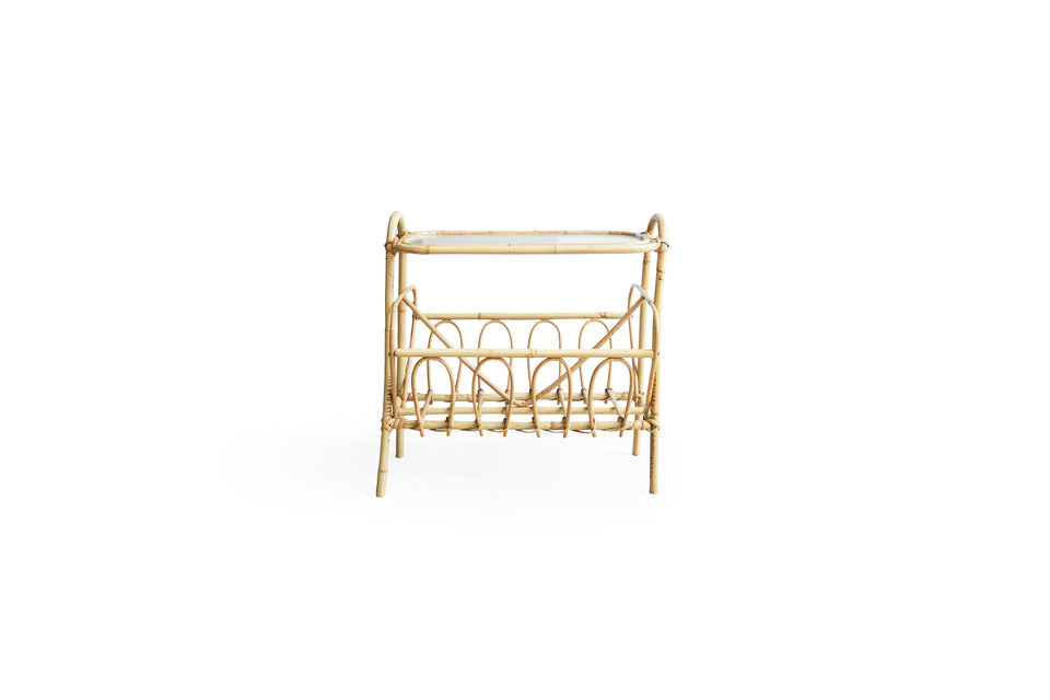 Danish Vintage Glass Top Rattan Side Table with Rack/デンマークヴィンテージ ラタンサイドテーブル ガラストップ