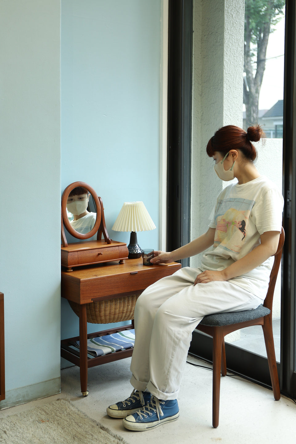 Danish Vintage Desktop Mirror with Drawer/デンマークヴィンテージ 卓上ミラー 引き出し付 北欧インテリア