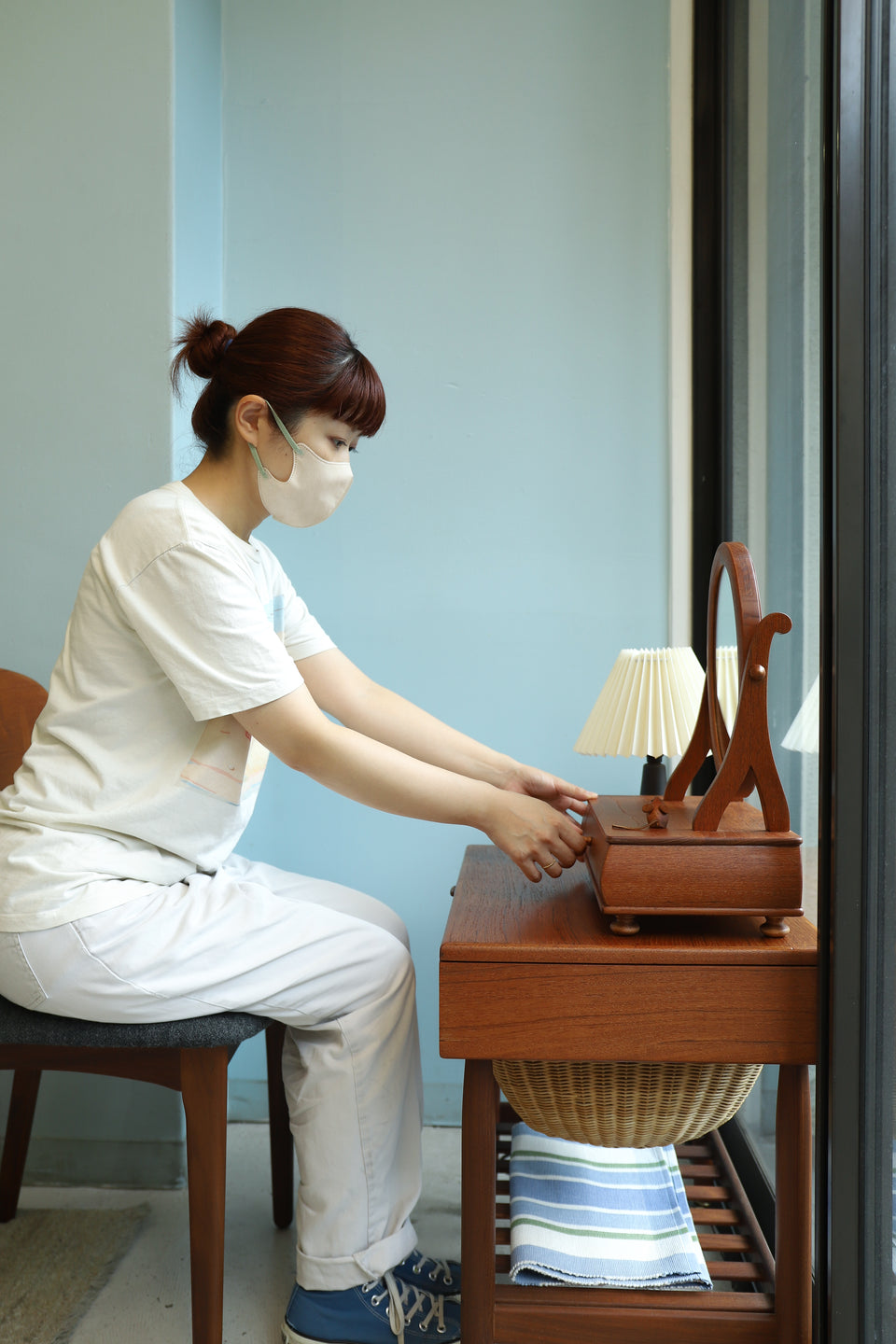 Danish Vintage Desktop Mirror with Drawer/デンマークヴィンテージ 卓上ミラー 引き出し付 北欧インテリア