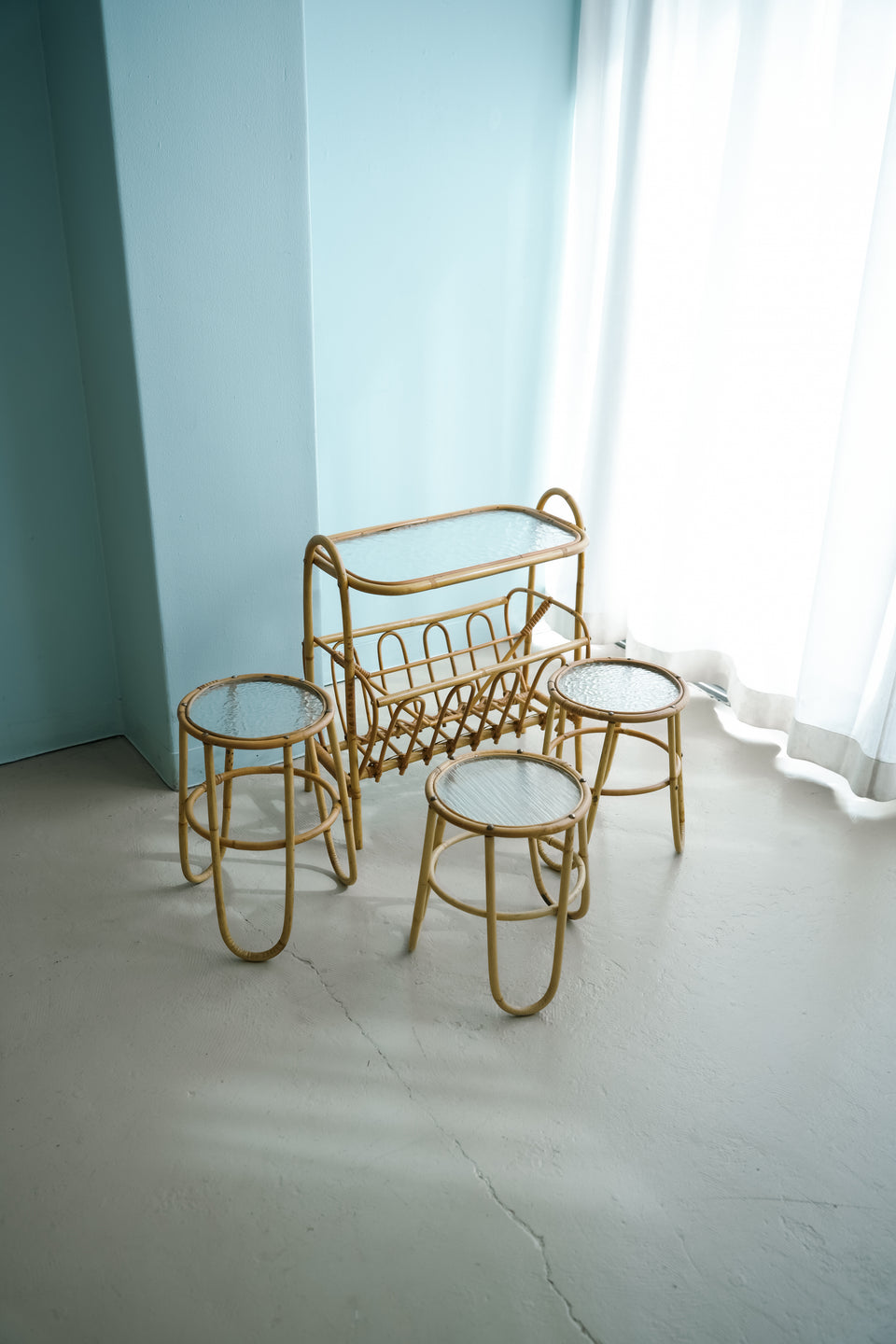 Glass Top Rattan Side Table Danish Vintage/デンマークヴィンテージ ガラストップ ラタンテーブル 花台 北欧インテリア