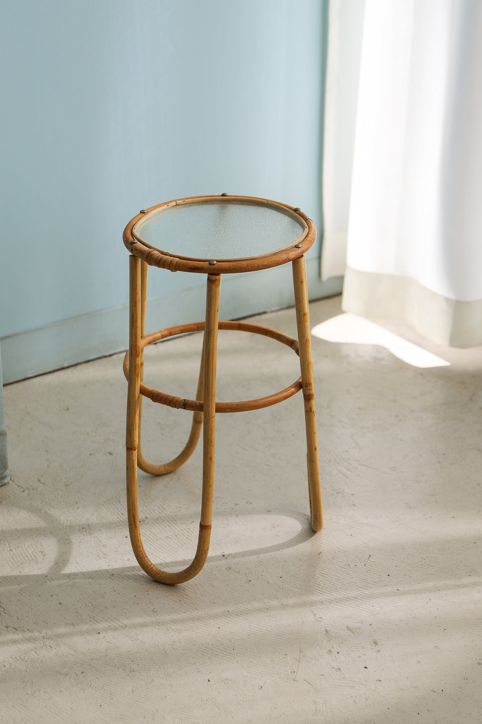 Danish Vintage Glass Top Rattan Side Table Stand/デンマークヴィンテージ ガラストップ ラタンテーブル スタンド 花台 北欧インテリア