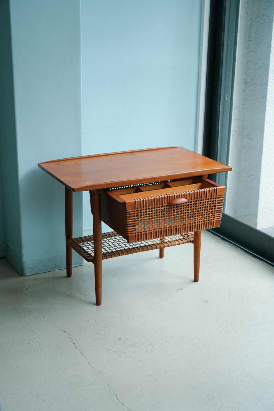 Danish Vintage Teak Rattan Sewing Table/デンマークヴィンテージ ソーイングテーブル チーク材 ラタン