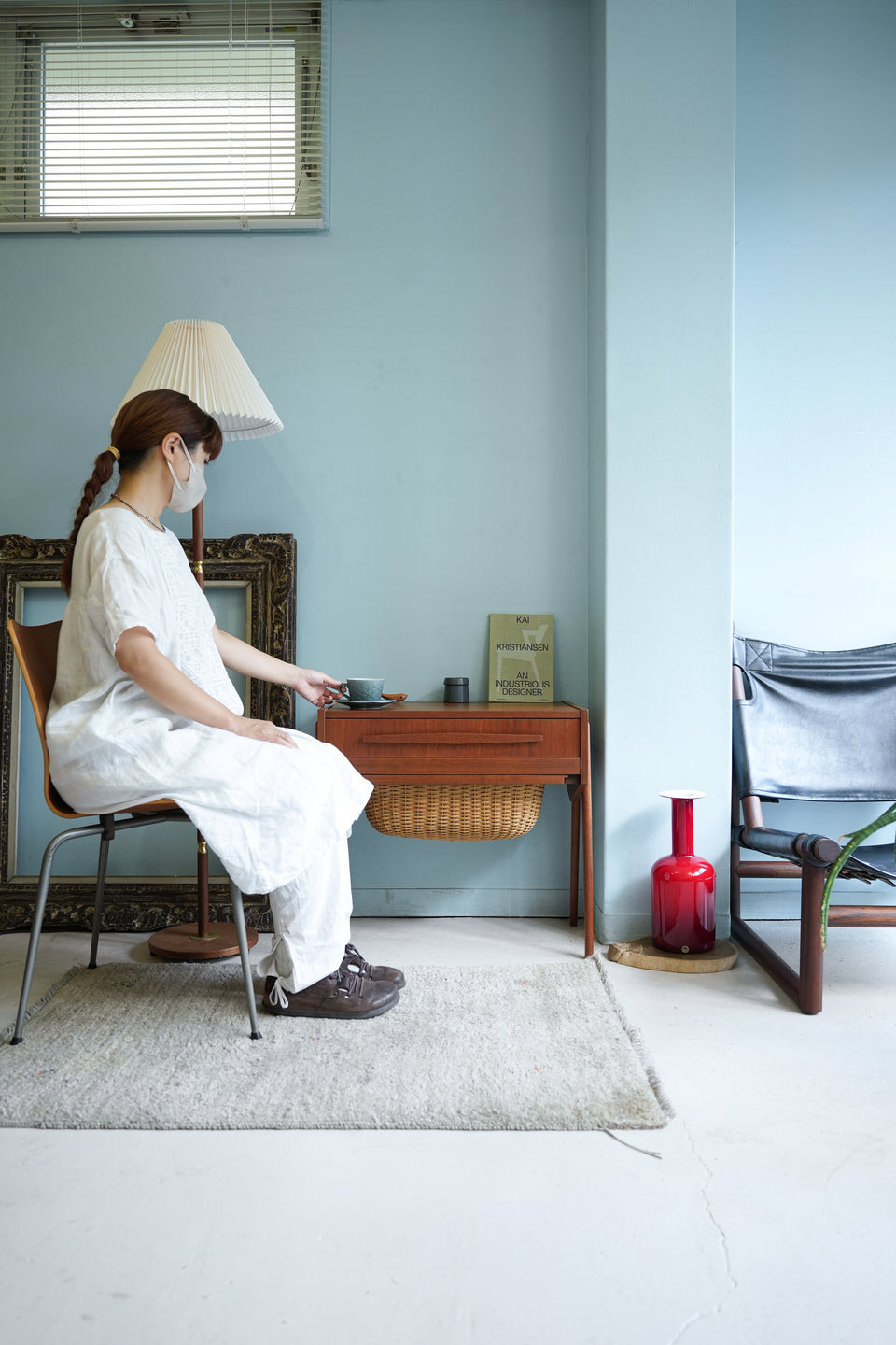 Danish Vintage Sewing Table with Rattan Basket/デンマークヴィンテージ ソーイングテーブル サイドテーブル 北欧家具