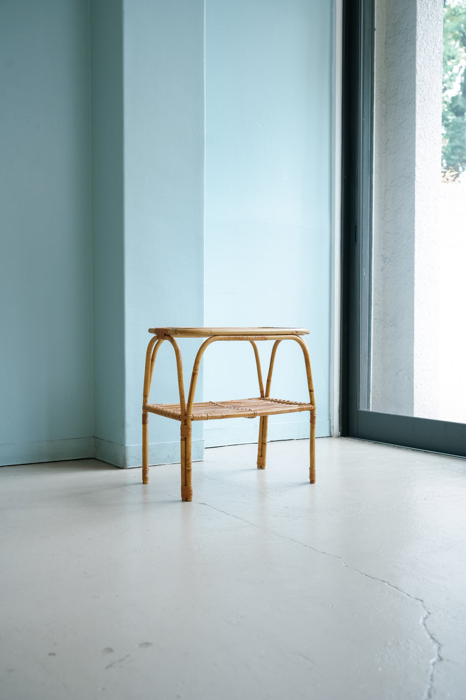 Danish Vintage Glass Top Rattan Side Table/デンマークヴィンテージ ガラストップ ラタンサイドテーブル