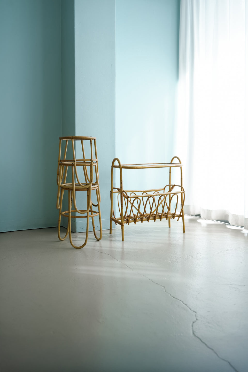 Glass Top Rattan Side Table Danish Vintage/デンマークヴィンテージ ガラストップ ラタンテーブル 花台 北欧インテリア