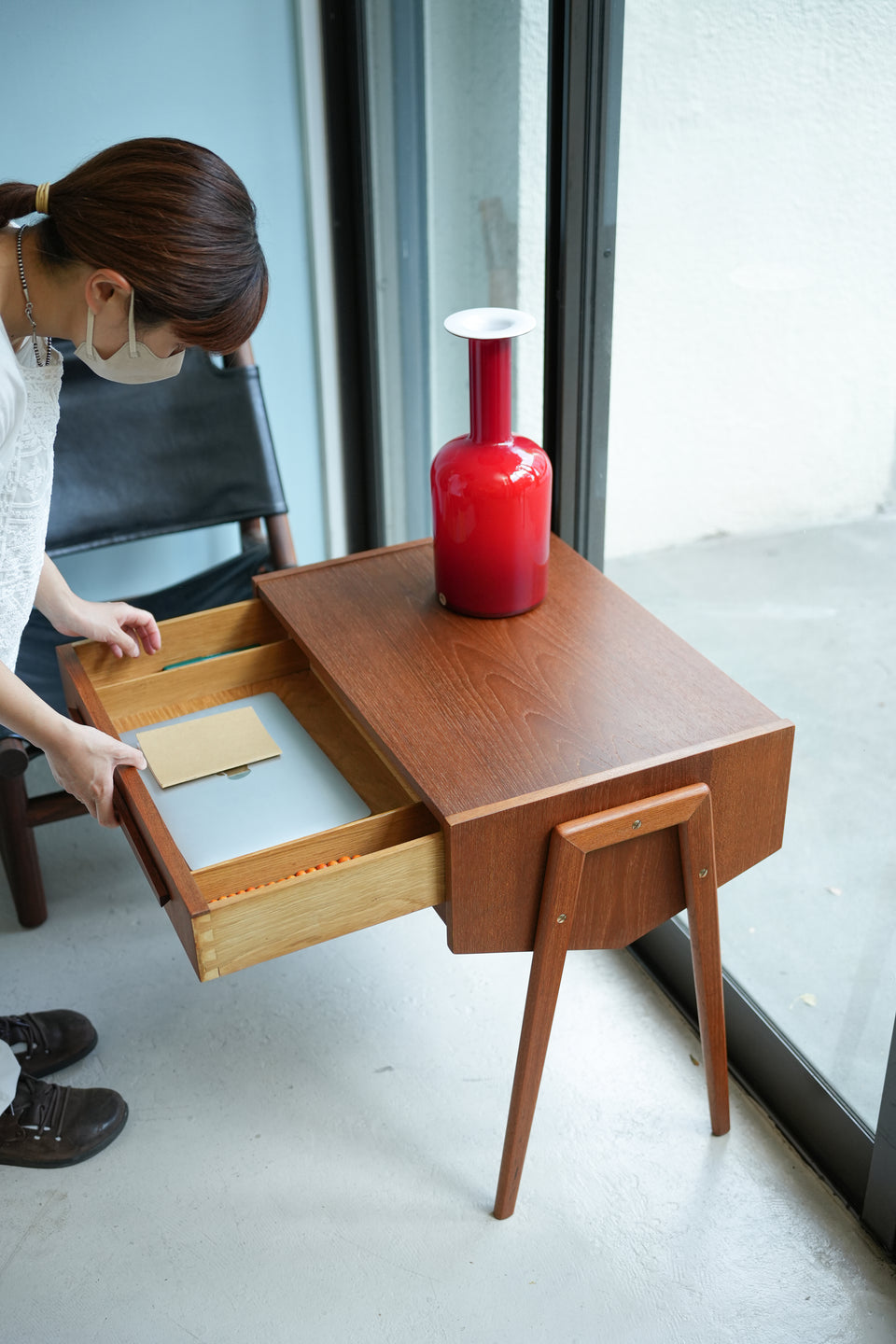 Danish Vintage Sewing Table with Rattan Basket/デンマークヴィンテージ ソーイングテーブル サイドテーブル 北欧家具