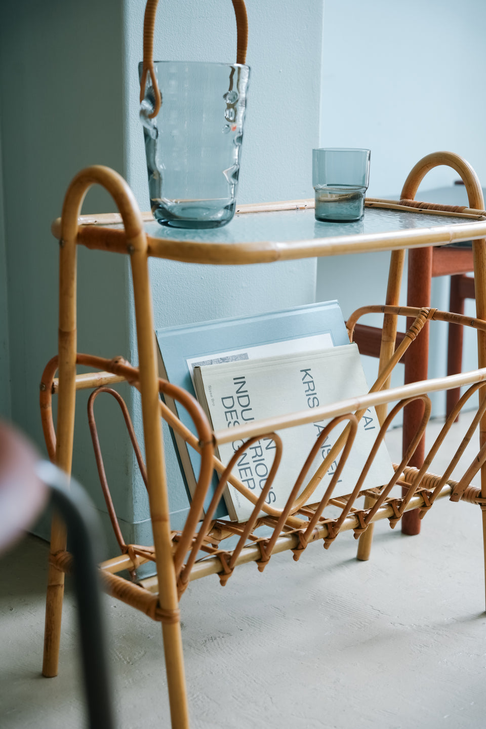 Glass Top Rattan Side Table with Rack Danish Vintage/デンマークヴィンテージ ラタンサイドテーブル ガラストップ