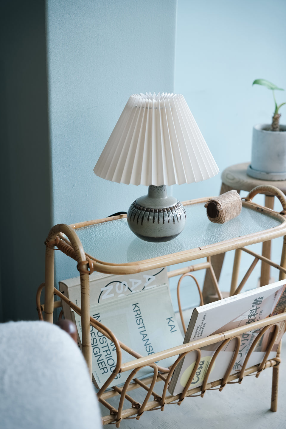 Danish Vintage Glass Top Rattan Side Table with Rack/デンマークヴィンテージ ラタンサイドテーブル ガラストップ