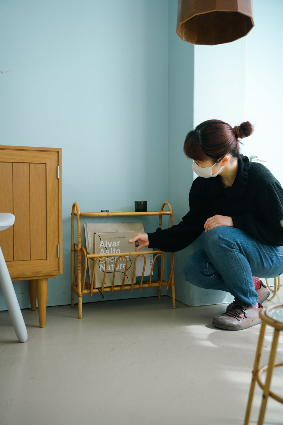 Glass Top Rattan Side Table Danish Vintage/デンマークヴィンテージ ガラストップ ラタンテーブル 花台 北欧インテリア