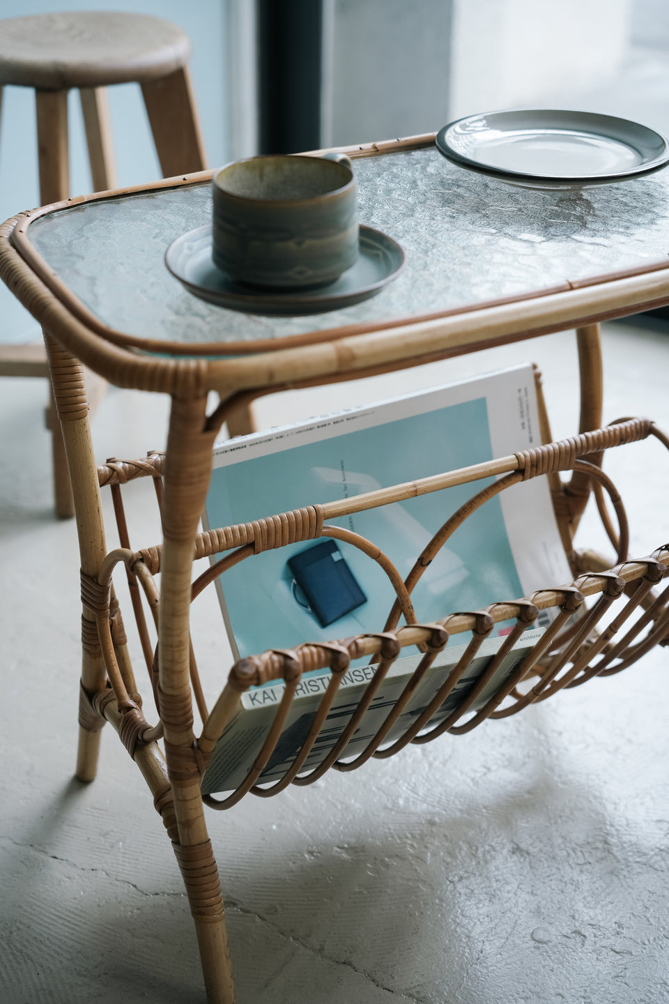 Danish Vintage Rattan Glass Top Side Table/デンマークヴィンテージ ラタン ガラストップ サイドテーブル