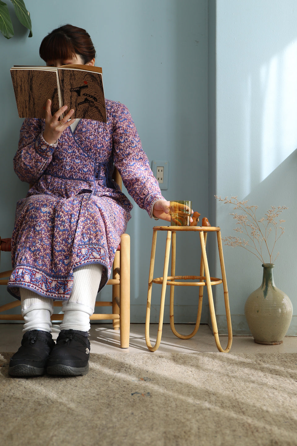 Danish Vintage Glass Top Rattan Side Table Stand/デンマークヴィンテージ ガラストップ ラタンテーブル スタンド 花台 北欧インテリア