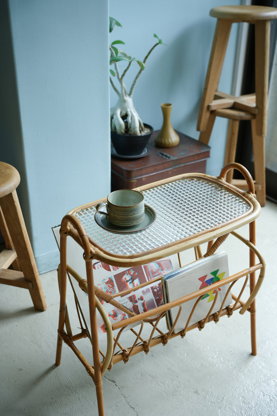 Rattan Glass Top Side Table Danish Vintage/デンマークヴィンテージ ラタン ガラストップ サイドテーブル