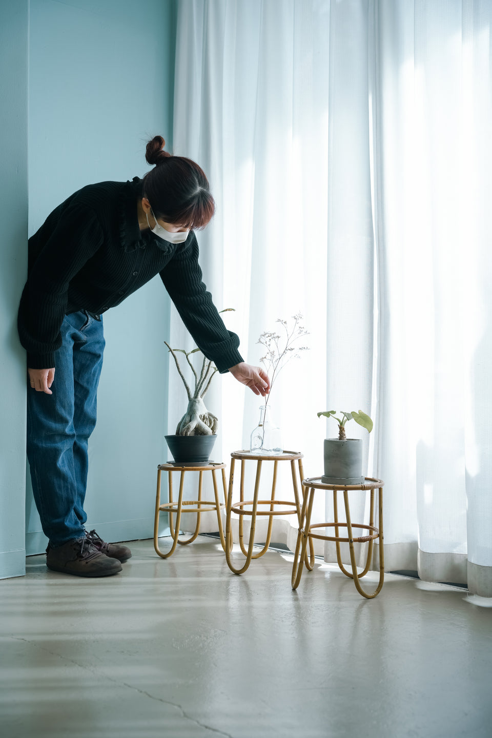 Glass Top Rattan Side Table Danish Vintage/デンマークヴィンテージ ガラストップ ラタンテーブル 花台 北欧インテリア