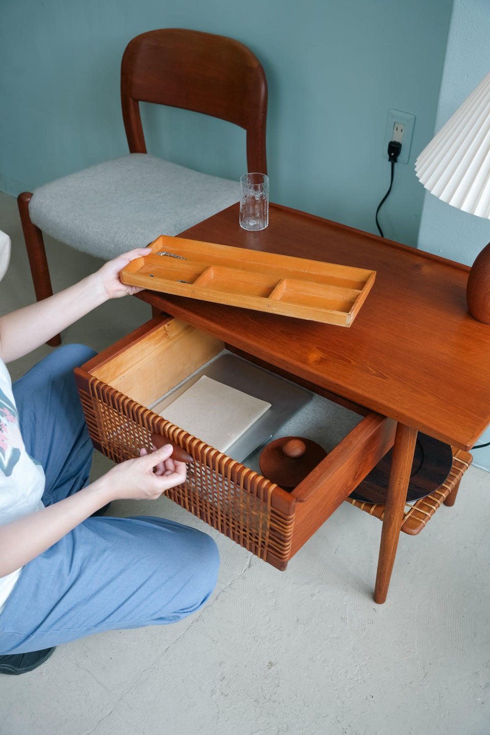 Danish Vintage Teak Rattan Sewing Table/デンマークヴィンテージ ソーイングテーブル チーク材 ラタン