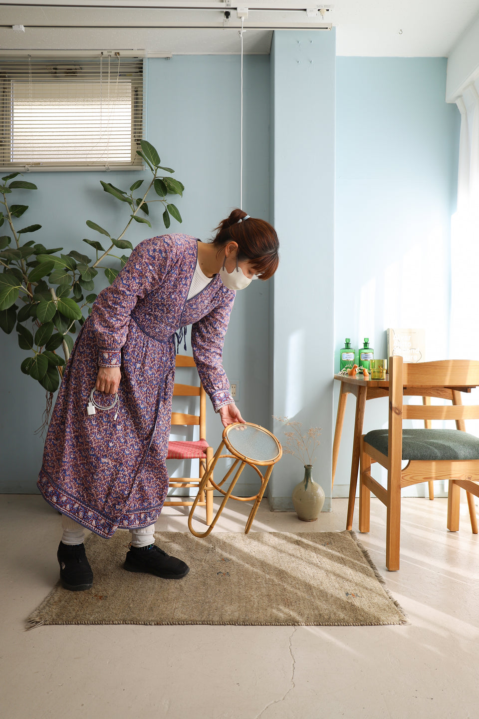 Danish Vintage Glass Top Rattan Side Table Stand/デンマークヴィンテージ ガラストップ ラタンテーブル スタンド 花台 北欧インテリア