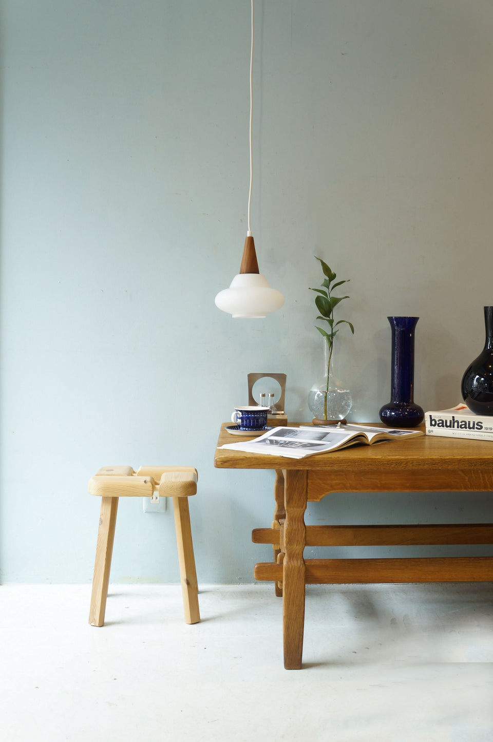 Danish Vintage Glass Teak Pendant Light/デンマークヴィンテージ ペンダントライト フロストガラス チーク材