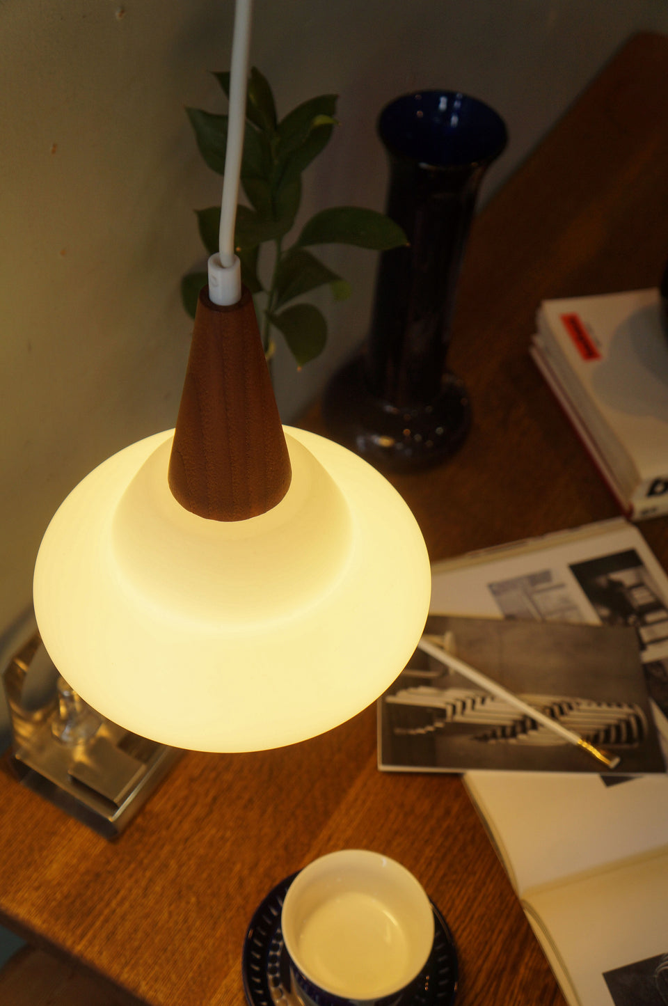 Danish Vintage Glass Teak Pendant Light/デンマークヴィンテージ ペンダントライト フロストガラス チーク材