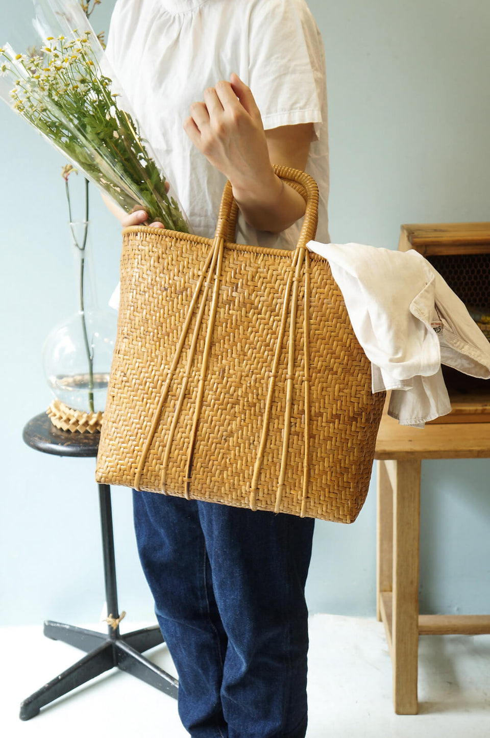 Japanese Vintage Banboo Shopping Basket/ヴィンテージ バンブー カゴバッグ バスケット 竹籠 かばん