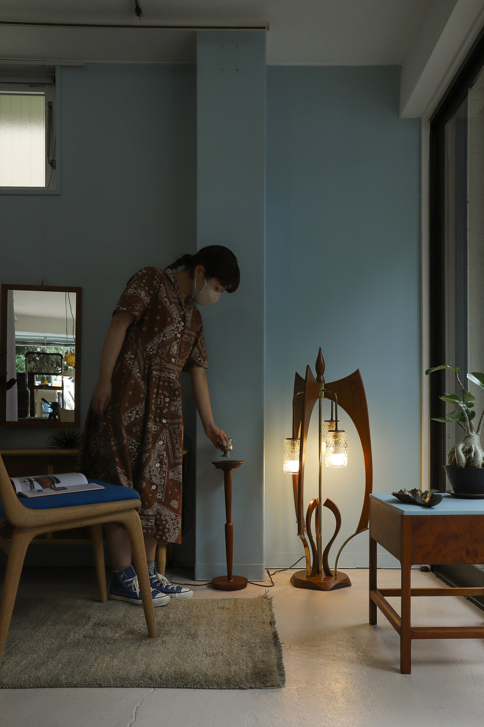 US Vintage Wood Base Floor Lamp/アメリカヴィンテージ フロアランプ 木製ベース ミッドセンチュリー 間接照明