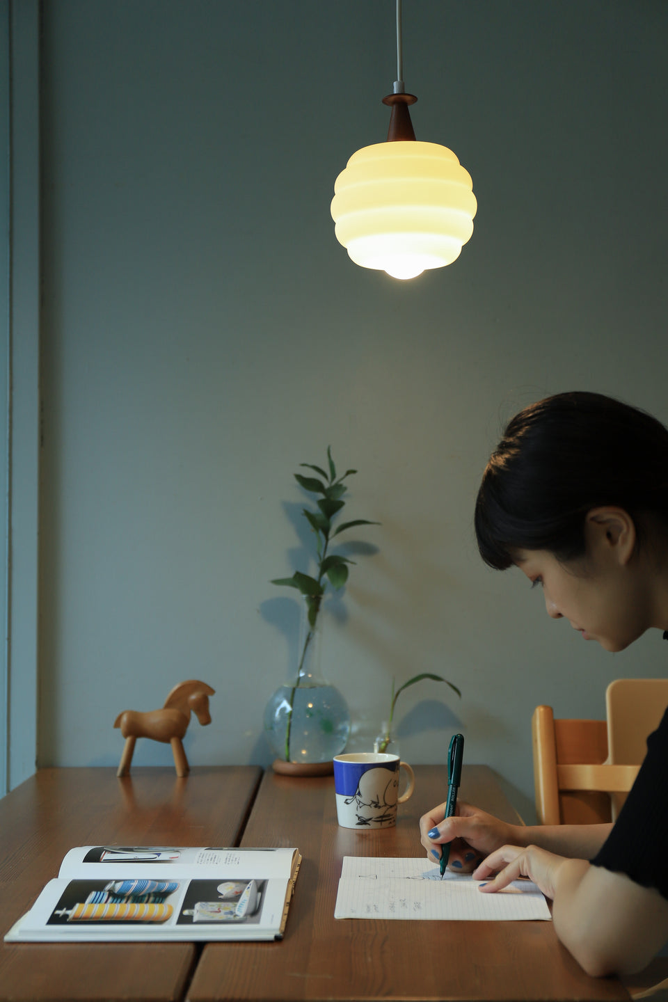Danish Vintage Frosted Glass Pendant Light/デンマークヴィンテージ ペンダントライト ガラス チーク材