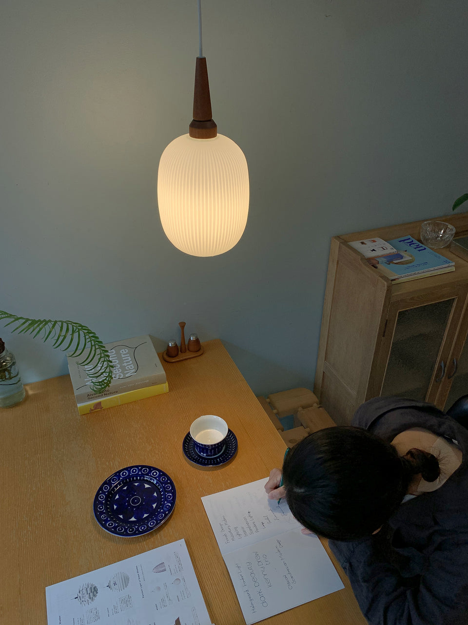 Glass&Teak Pendant Light Danish Vintage/デンマークヴィンテージ ペンダントライト ガラス&チーク材 北欧インテリア