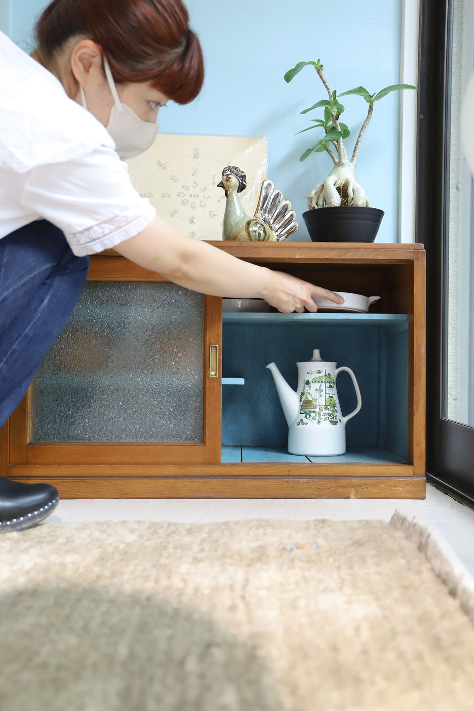 Japanese Modern Vintage Diamond Glass Small Cabinet/ジャパンヴィンテージ ダイヤガラス スモールキャビネット 収納 レトロモダン