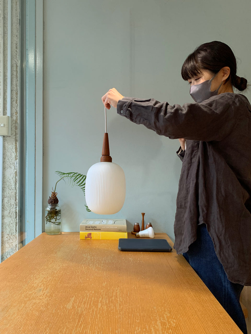 Glass&Teak Pendant Light Danish Vintage/デンマークヴィンテージ ペンダントライト ガラス&チーク材 北欧インテリア