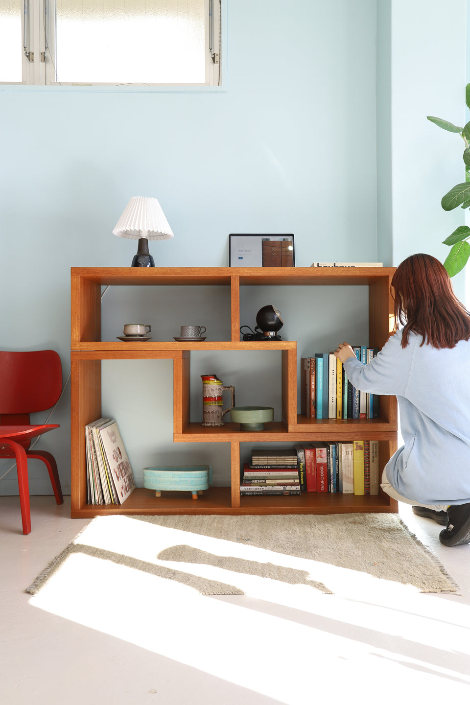 Teakwood L-shaped Open Shelf/チーク材 L字型 スライド オープンシェルフ テレビボード 収納家具