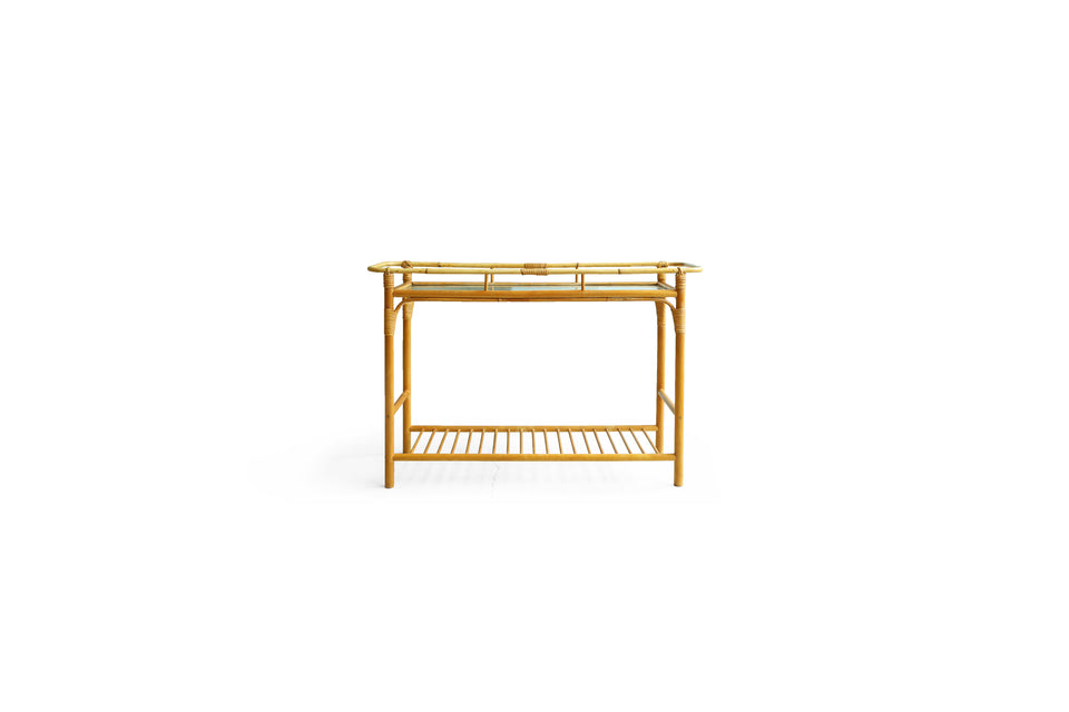 Glass Top Rattan Flame Side Table Euro Vintage/ヨーロッパヴィンテージ ラタンサイドテーブル ガラストップ