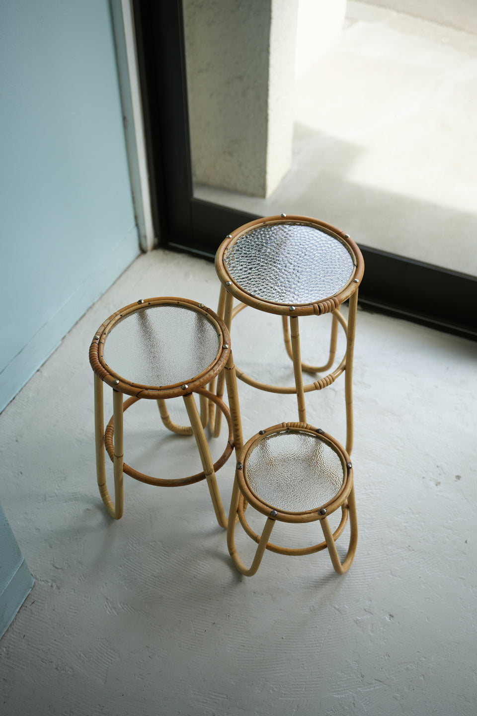 Glass Top Rattan Side Table Stand Danish Vintage / ガラストップ ラタンテーブル デンマークヴィンテージ 花台 スタンド  北欧インテリア