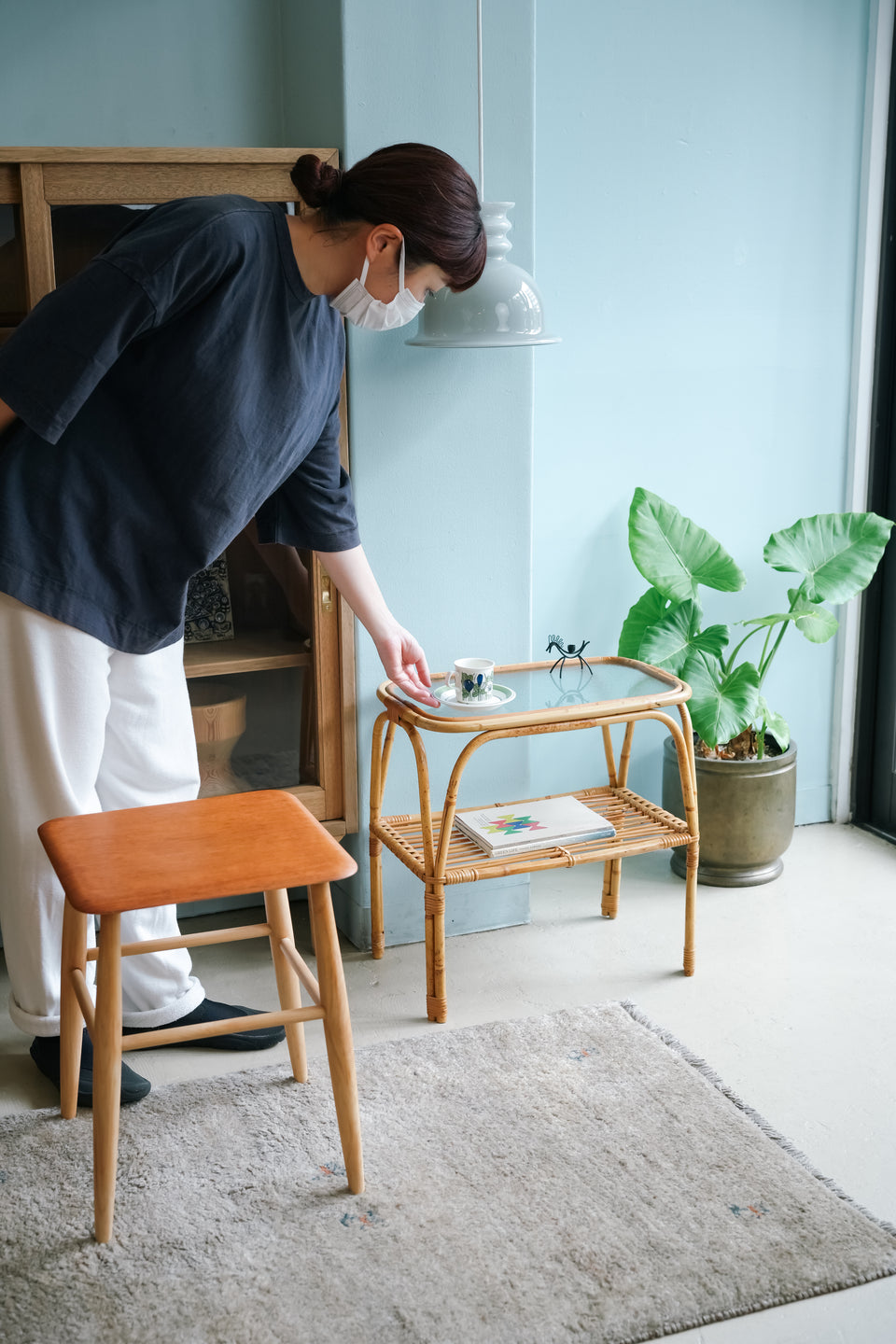 Danish Vintage Glass Top Rattan Side Table/デンマークヴィンテージ ガラストップ ラタンサイドテーブル