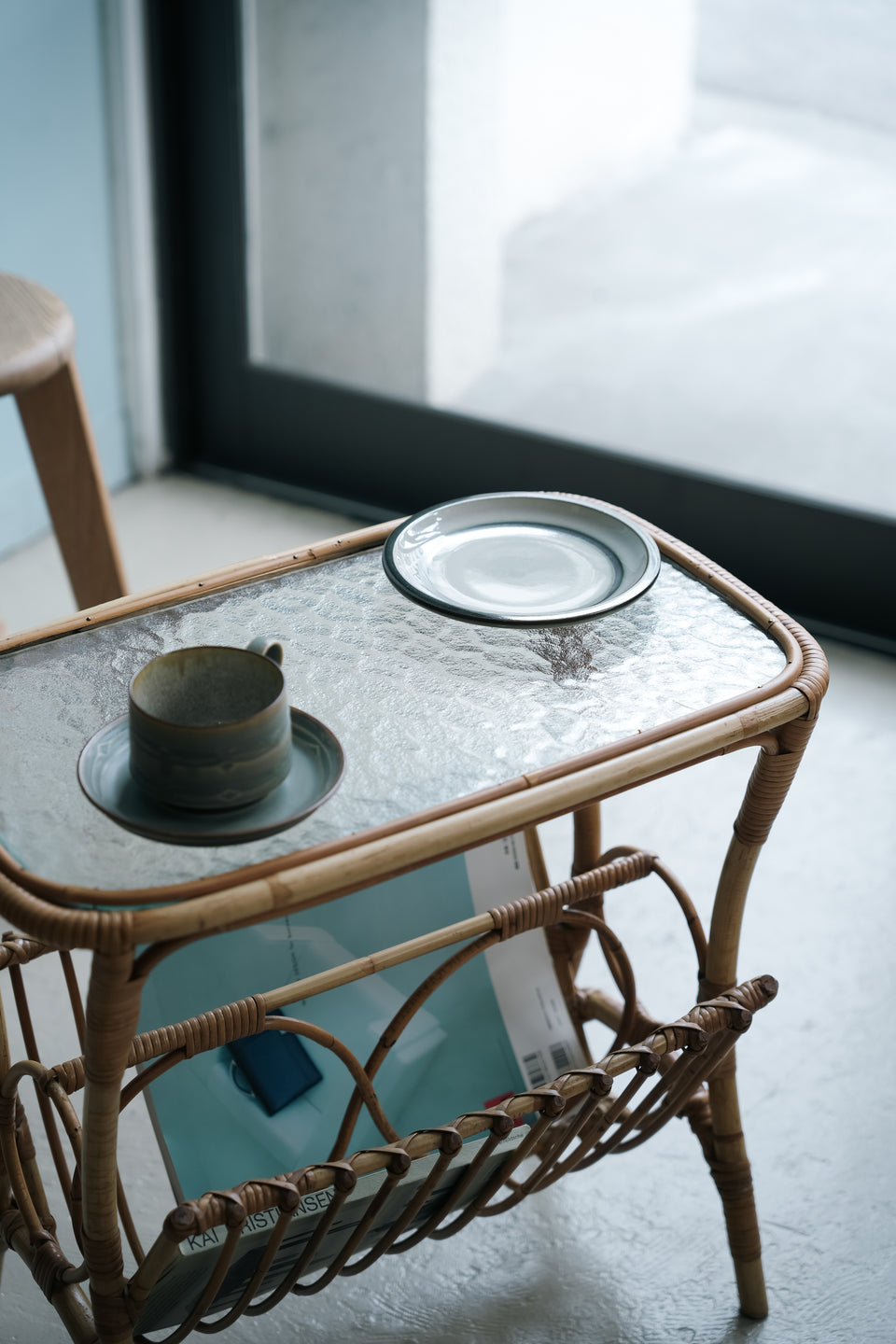 Danish Vintage Rattan Glass Top Side Table/デンマークヴィンテージ ラタン ガラストップ サイドテーブル