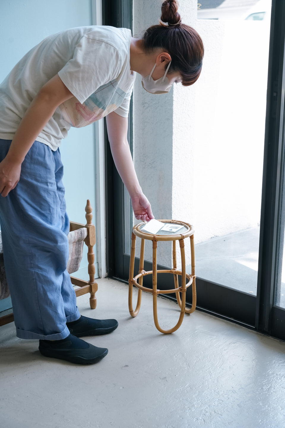 Grass Top Rattan Round Side Table Danish Vintage/デンマークヴィンテージ ガラストップ ラタンサイドテーブル
