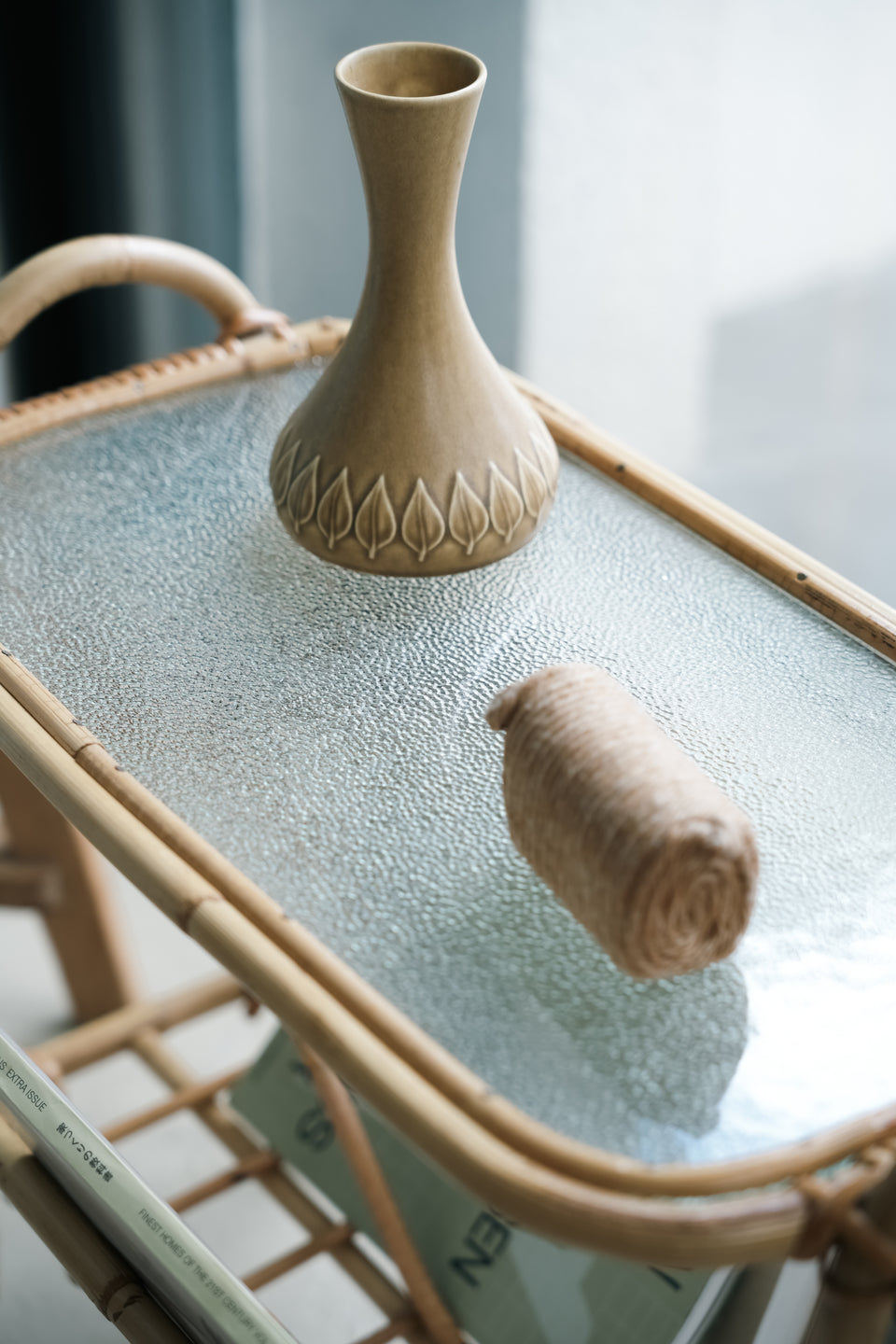 Danish Vintage Glass Top Rattan Side Table with Rack/デンマークヴィンテージ ラタンサイドテーブル ガラストップ
