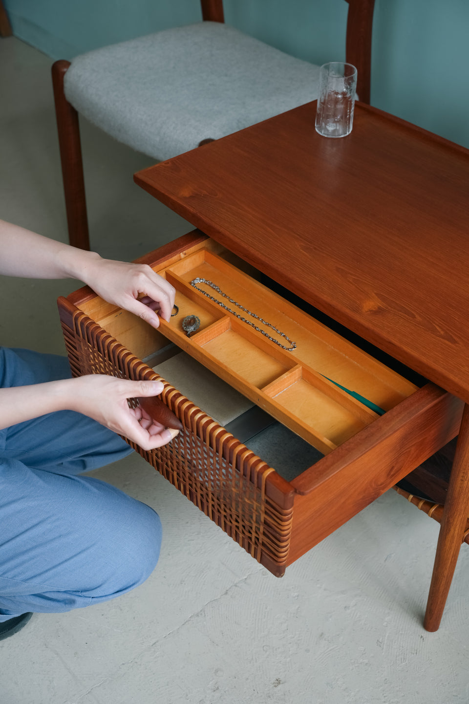 Danish Vintage Teak Rattan Sewing Table/デンマークヴィンテージ ソーイングテーブル チーク材 ラタン