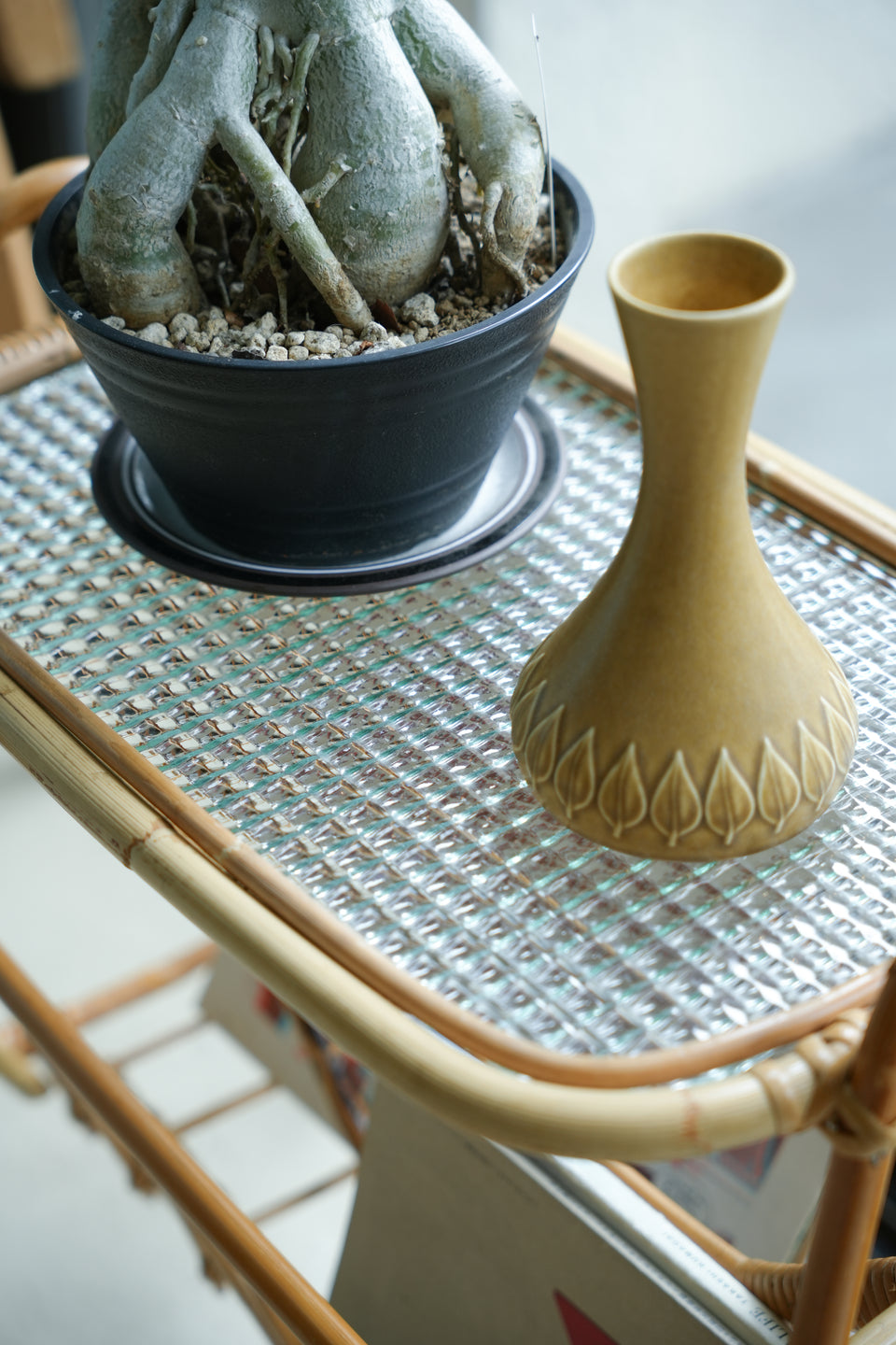 Rattan Glass Top Side Table Danish Vintage/デンマークヴィンテージ ラタン ガラストップ サイドテーブル