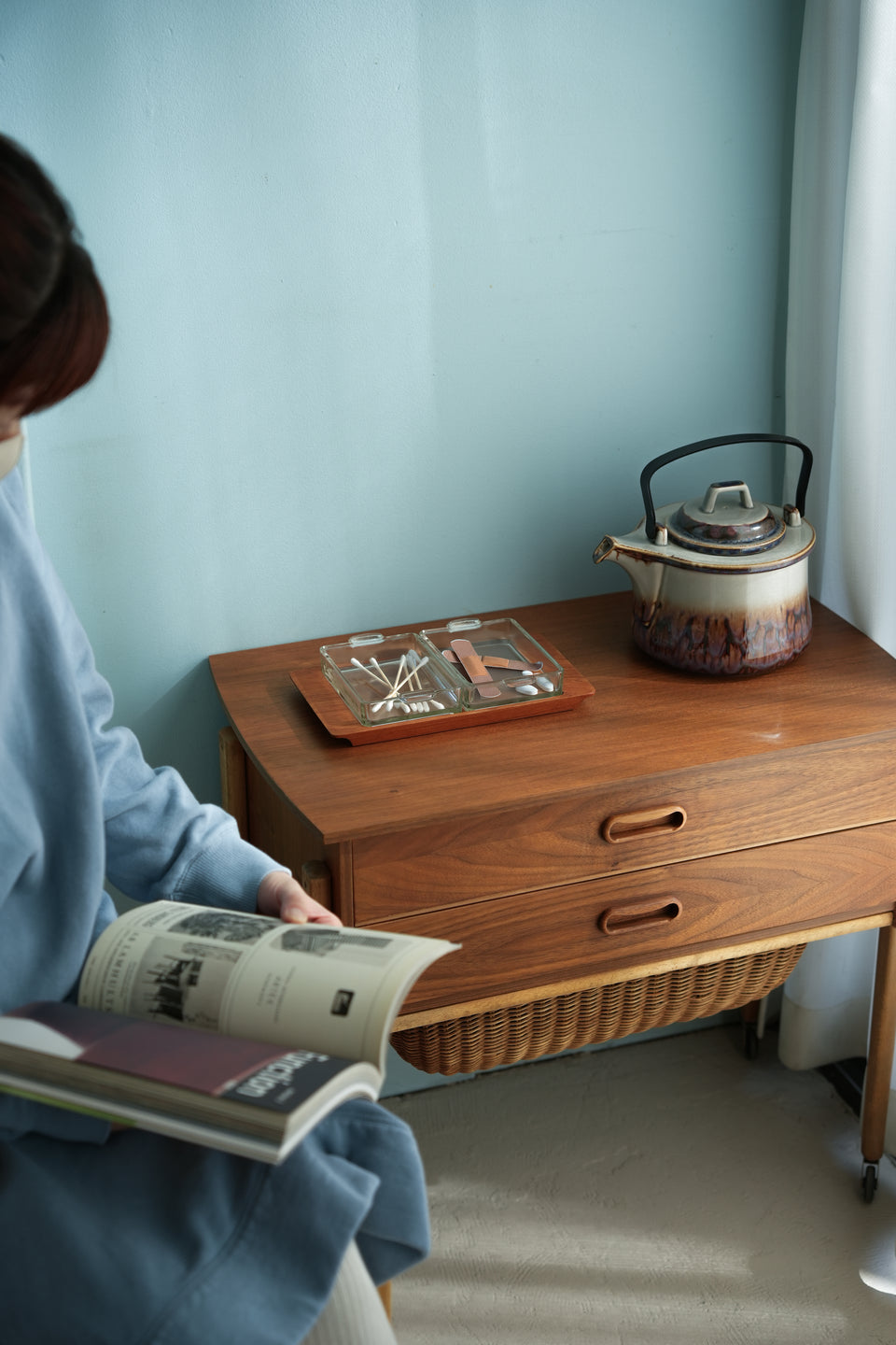 Danish Vintage Teak Serving Tray with Glass Dish/デンマークヴィンテージ チークサービングトレイ ガラス皿 北欧インテリア