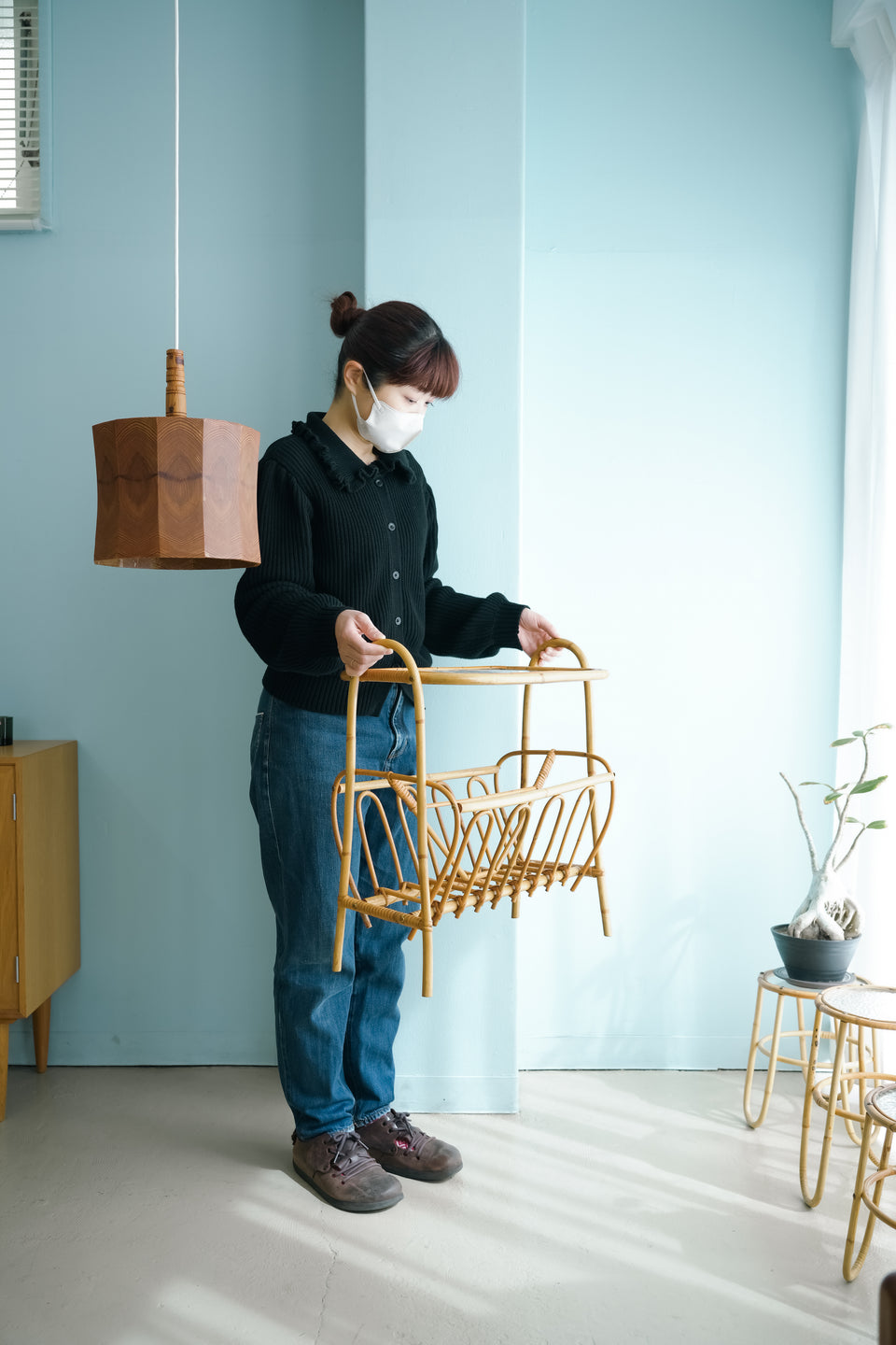 Glass Top Rattan Side Table Danish Vintage/デンマークヴィンテージ ガラストップ ラタンテーブル  花台 北欧インテリア