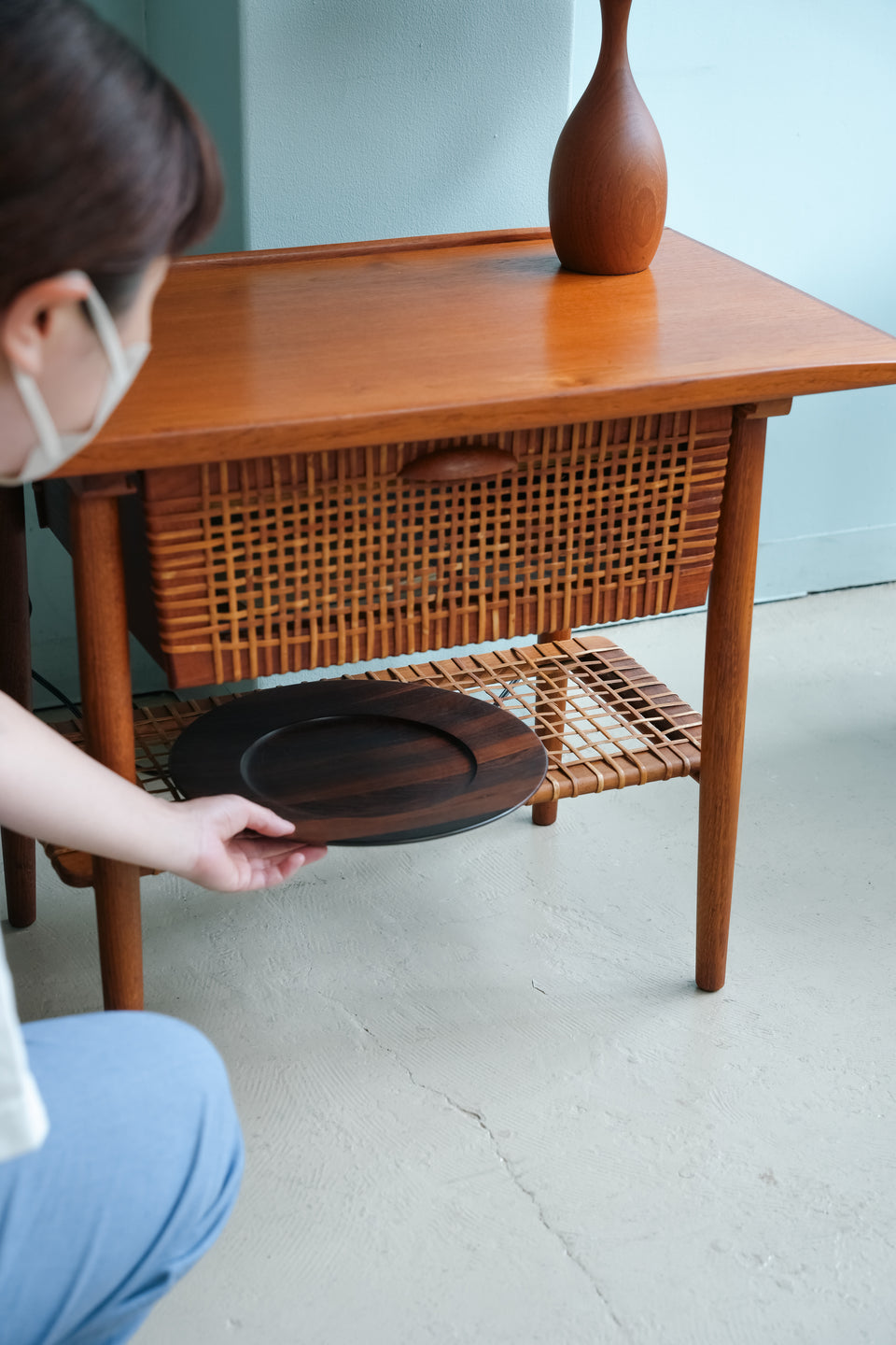 Danish Vintage Teak Rattan Sewing Table/デンマークヴィンテージ ソーイングテーブル チーク材 ラタン