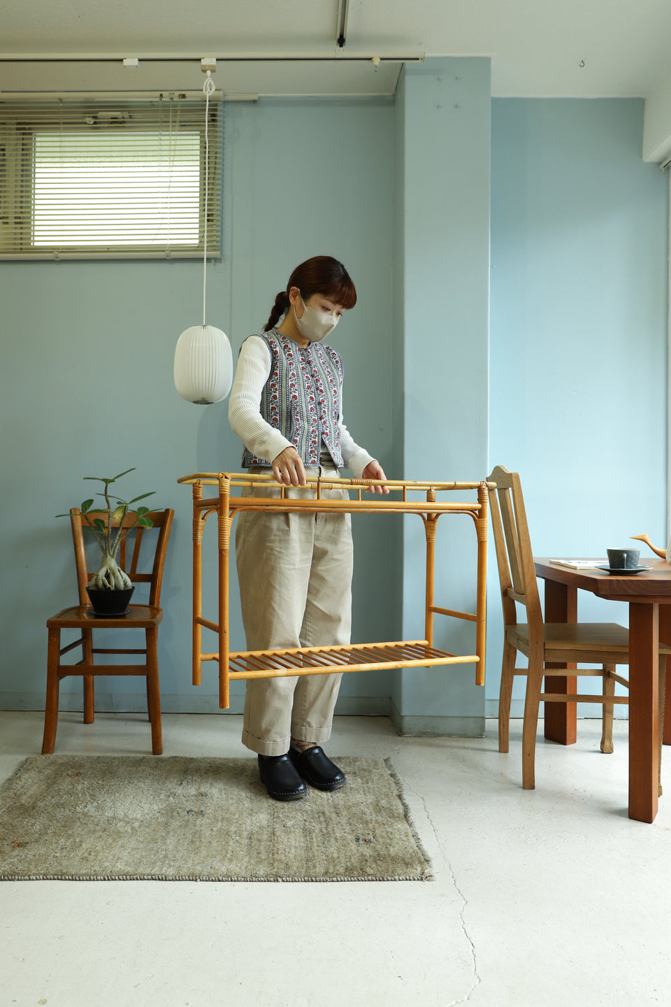 Glass Top Rattan Flame Side Table Euro Vintage/ヨーロッパヴィンテージ ラタンサイドテーブル ガラストップ