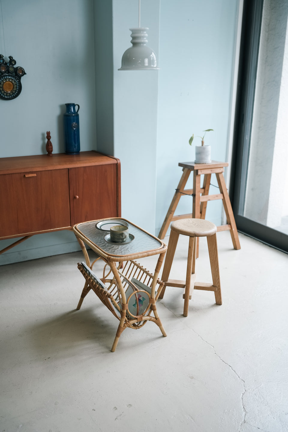 Danish Vintage Rattan Glass Top Side Table/デンマークヴィンテージ ラタン ガラストップ サイドテーブル